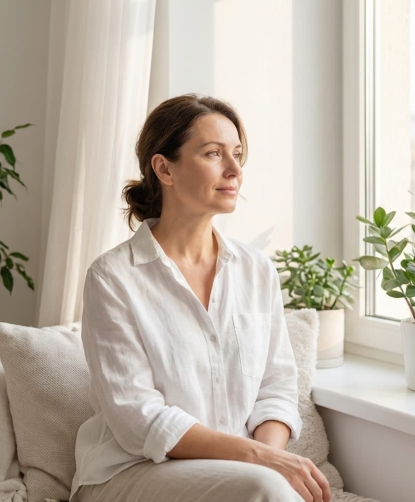 Mujer reflexiva mirando por la ventana - Tratamiento liquen vulvar